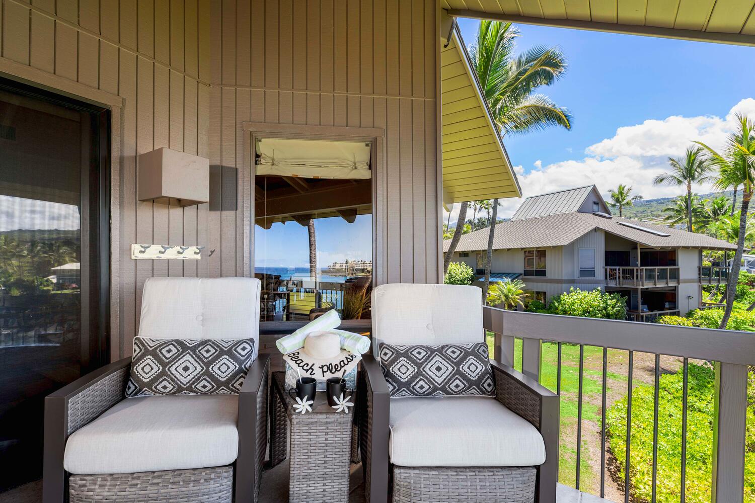 Kailua Kona Vacation Rentals, Kanaloa at Kona 3303 - A perfect spot for your morning coffee, lanai off the bedroom.