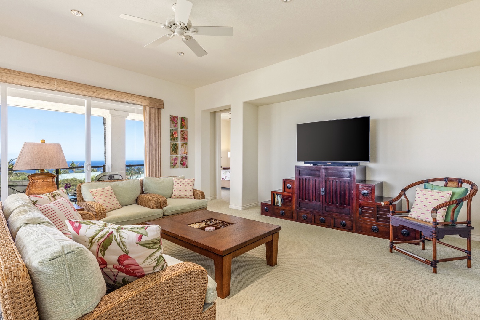 Kamuela Vacation Rentals, 2BD Kumulani (I-4) at Mauna Kea Resort - Spacious ocean view living area with lanai access and flat screen TV.