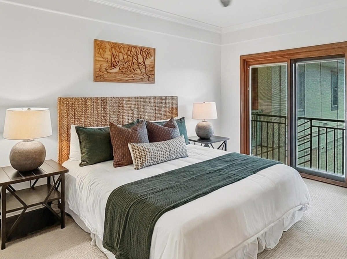 Honolulu Vacation Rentals, Maunalua Estate - Unwind in your serene bedroom featuring a plush bed with natural textures and warm lighting for peaceful nights.