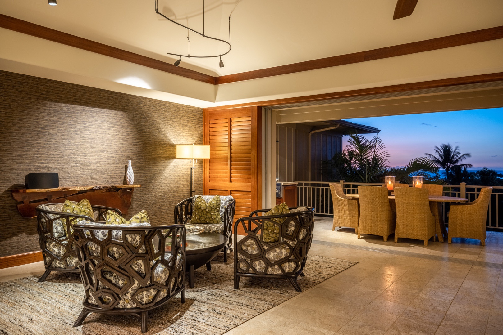 Kailua Kona Vacation Rentals, 3BD Ke Alaula (210B) Villa at Hualalai Resort - Interior seating area leading to the upper deck at sunset.