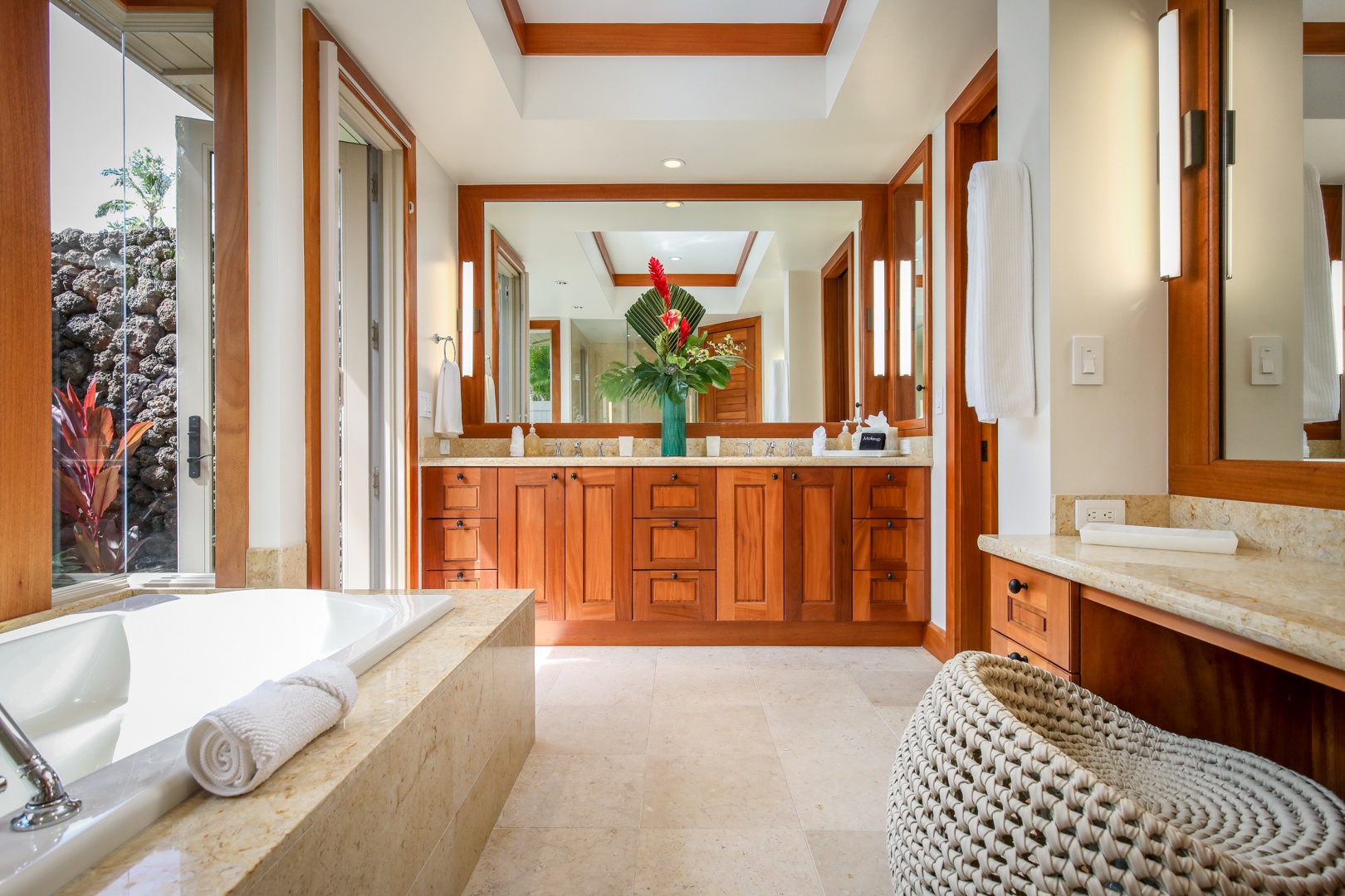 Kailua Kona Vacation Rentals, 4BD Hainoa Estate (122) at Four Seasons Resort at Hualalai - Guest Room 4’s decadent full bath with soaking tub, walk-in shower, dual vanity and outdoor shower garden.