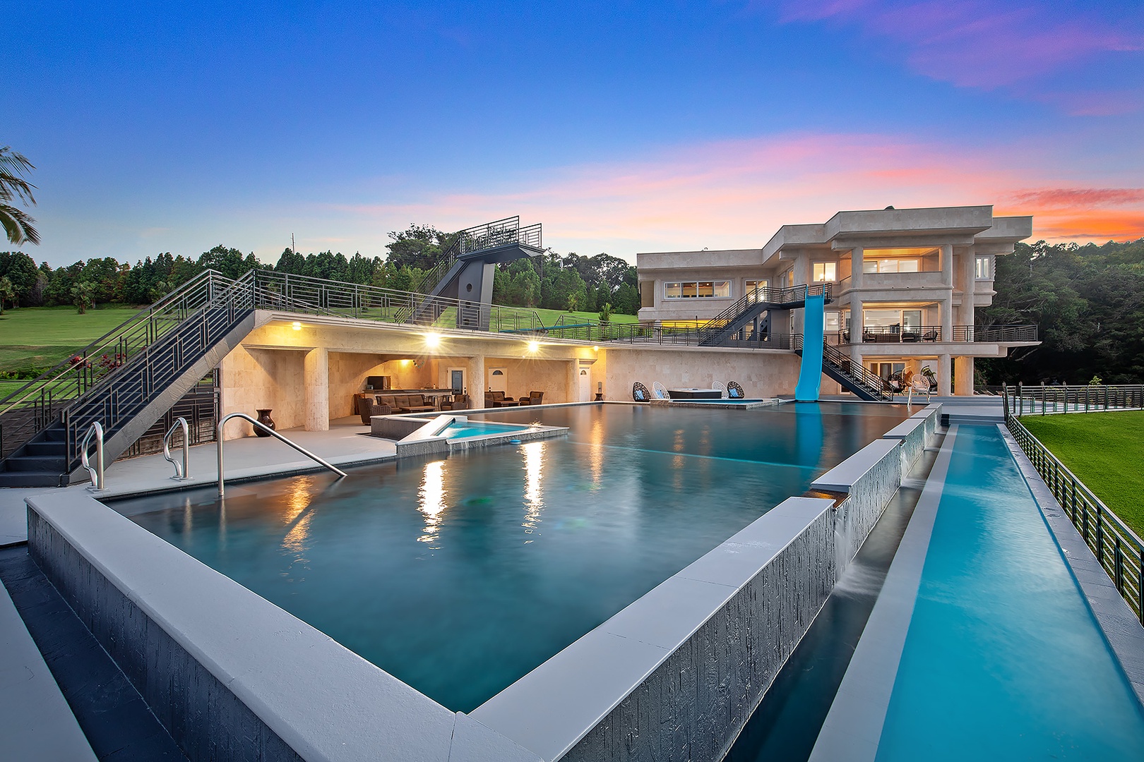 Ninole Vacation Rentals, Waterfalling Estate - Private pool & above-ground spa at sunset.