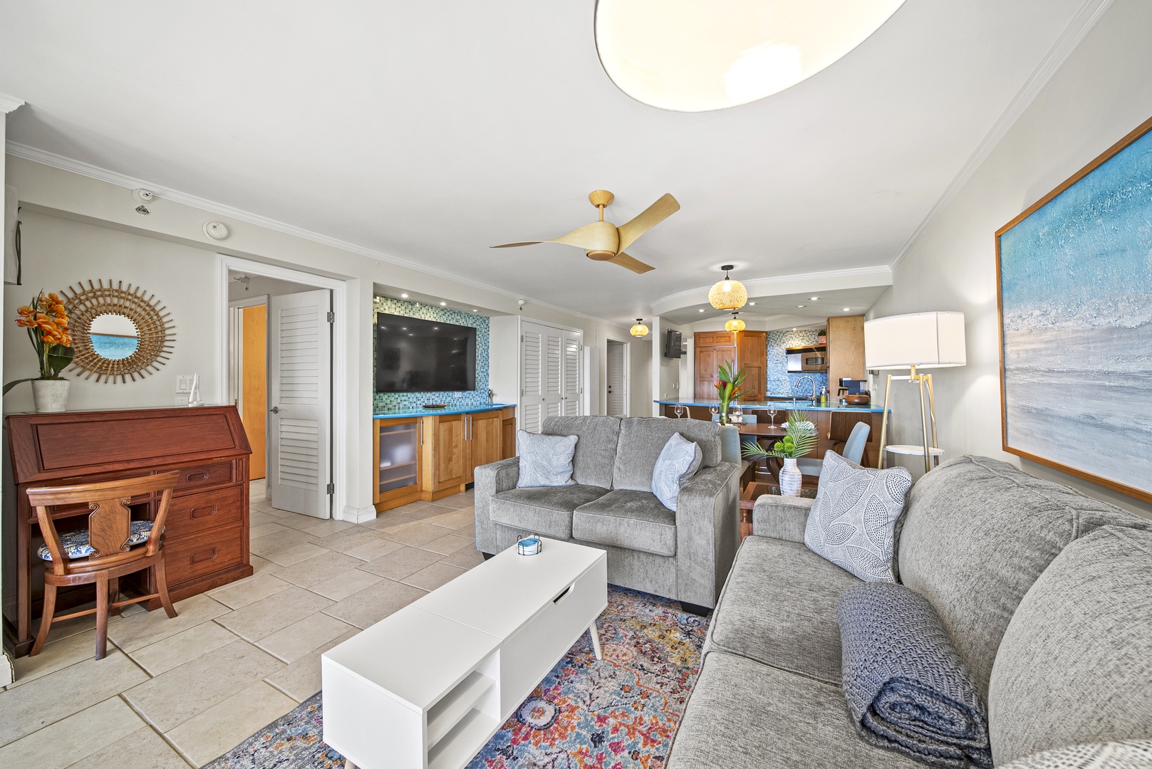 Honolulu Vacation Rentals, Aston Waikiki Beach Tower 602 - Relax in a light-filled living space that blends comfort and style.