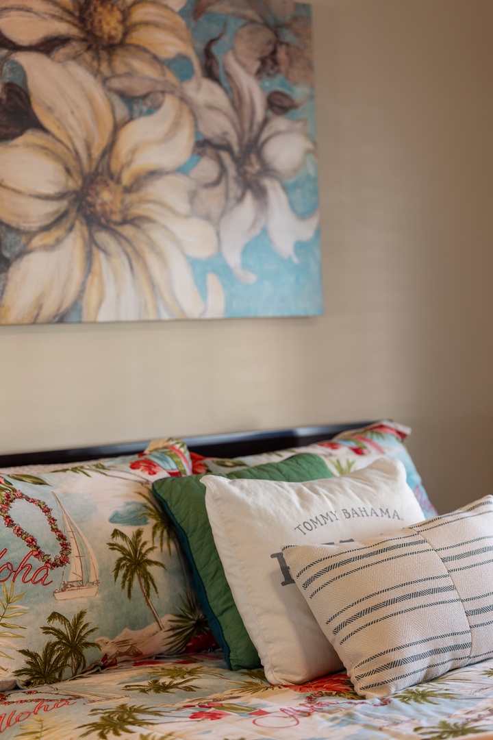 Cozy tropical-themed bedding creates your perfect island getaway vibe indoors.
