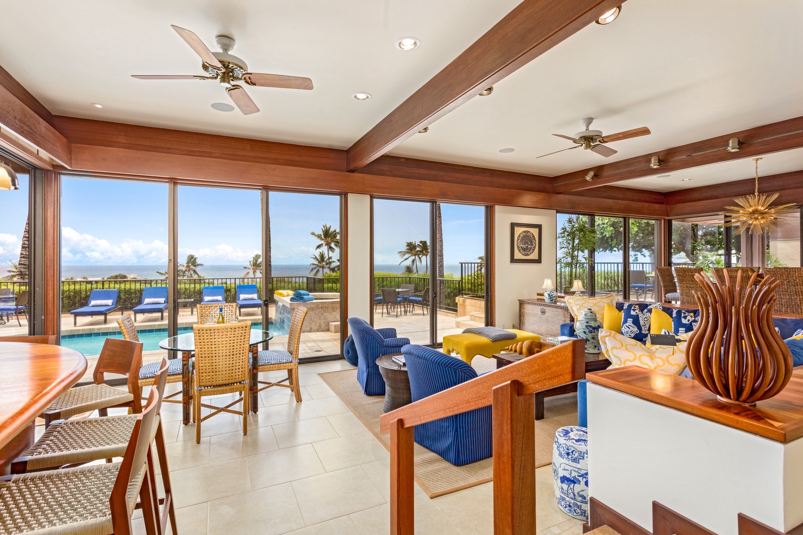 Kamuela Vacation Rentals, OFB 3BD Villas (39) at Mauna Kea Resort - View from foyer to the wet bar, living area, and pool deck beyond.