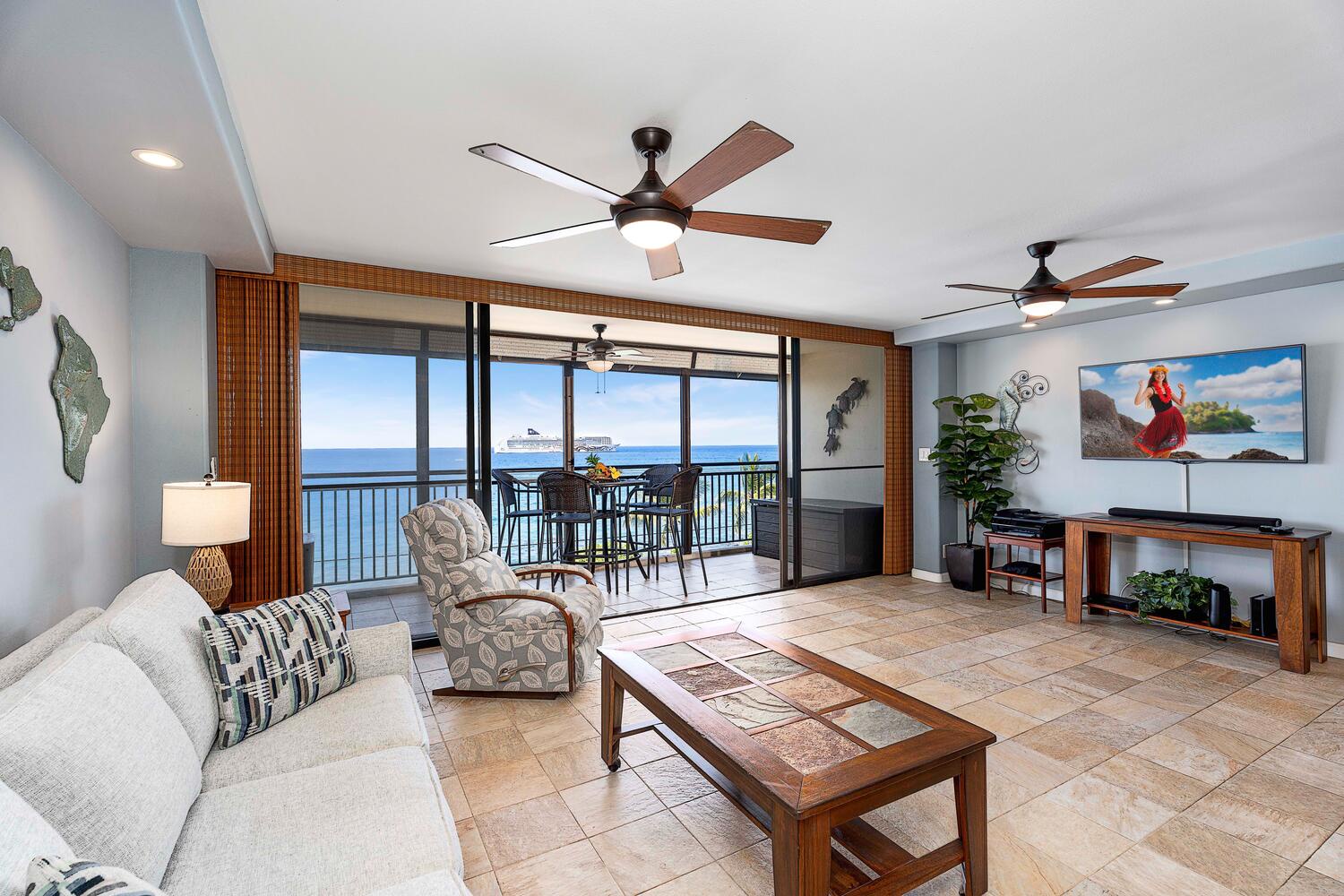 Kailua Kona Vacation Rentals, Kona Alii 403 - Seamless indoor-outdoor living with wall to wall windows to the lanai provide the perfect backdrop.