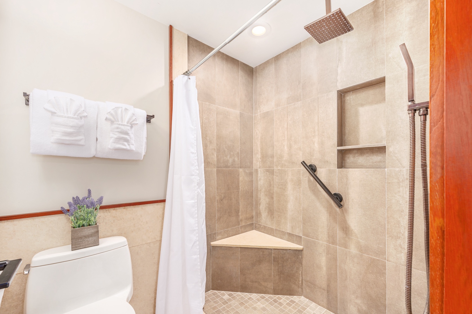 Princeville Vacation Rentals, Hanalei Bay Resort 7307 - Tile Shower in Primary ensuite