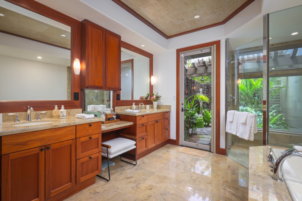 Kailua Kona Vacation Rentals, 3BD Ke Alaula Villa (217C) at Hualalai Resort - Primary ensuite bath with dual vanities, soaking tub, walk-in shower and outdoor shower garden.