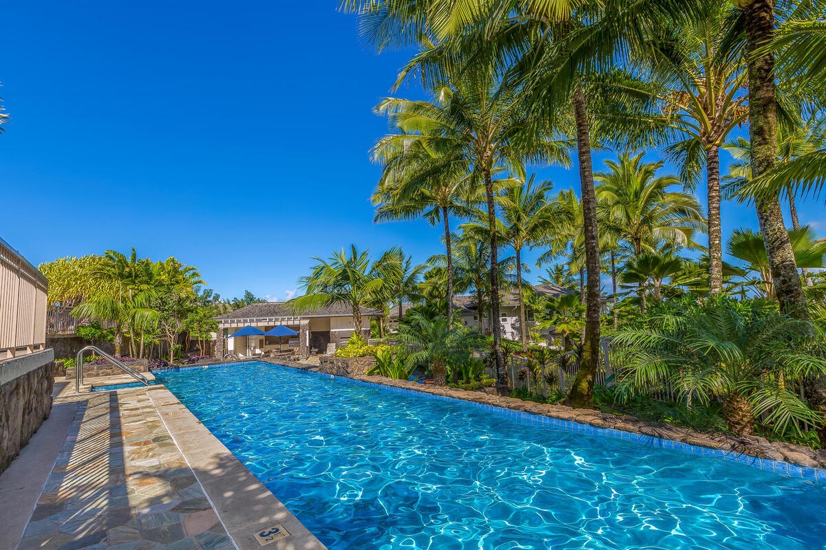 Princeville Vacation Rentals, Noelani Kai - Tall palms line the community's lap pool, blue water stretching toward the buildings beyond.