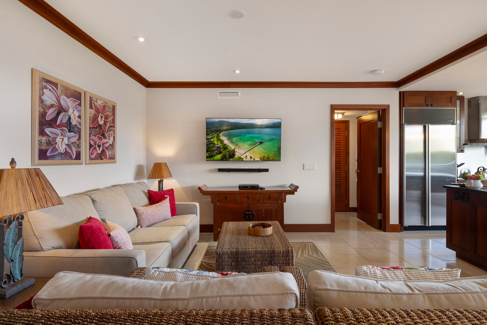 Kapolei Vacation Rentals, Ko Olina Beach Villas B506 - The warm tones and decor are inviting and elegantly appointed in the living area.