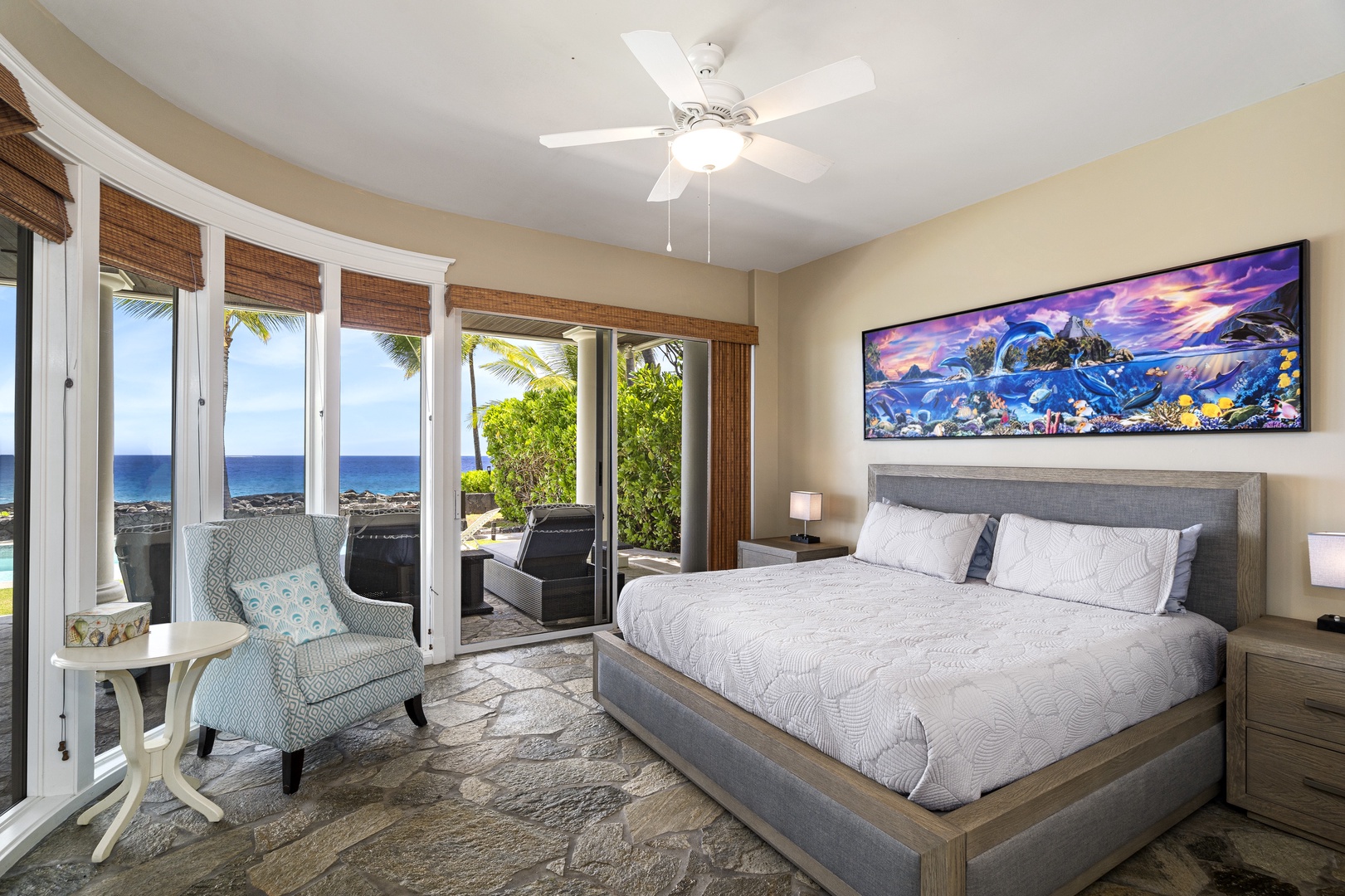Kailua Kona Vacation Rentals, Kona Blue - Downstairs bedroom equipped with King bed, A/C and Lanai access