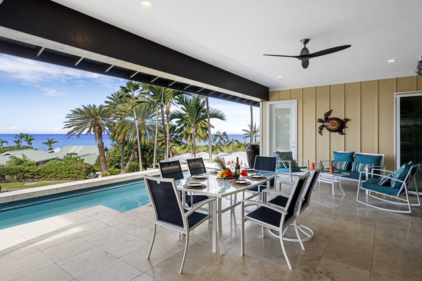 Kailua Kona Vacation Rentals, Ohana le'ale'a - Dine al fresco on the lanai, enjoying the tropical breeze and poolside views.