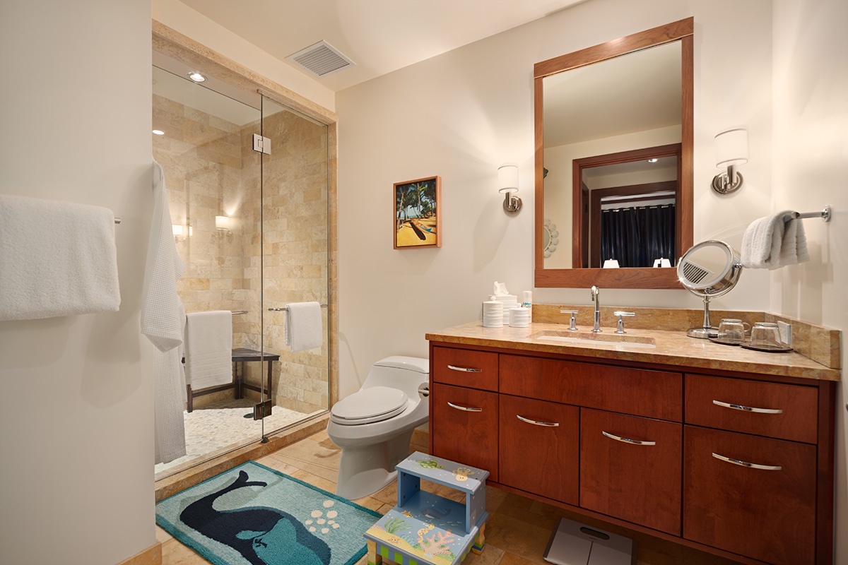 Kapalua Vacation Rentals, Ocean Dreams Villa 2203 at Montage Kapalua Bay* - Bedroom Three Bath with Glass Enclosed Walk-in Shower, Make-up Mirror, Hair Dryer, Scale