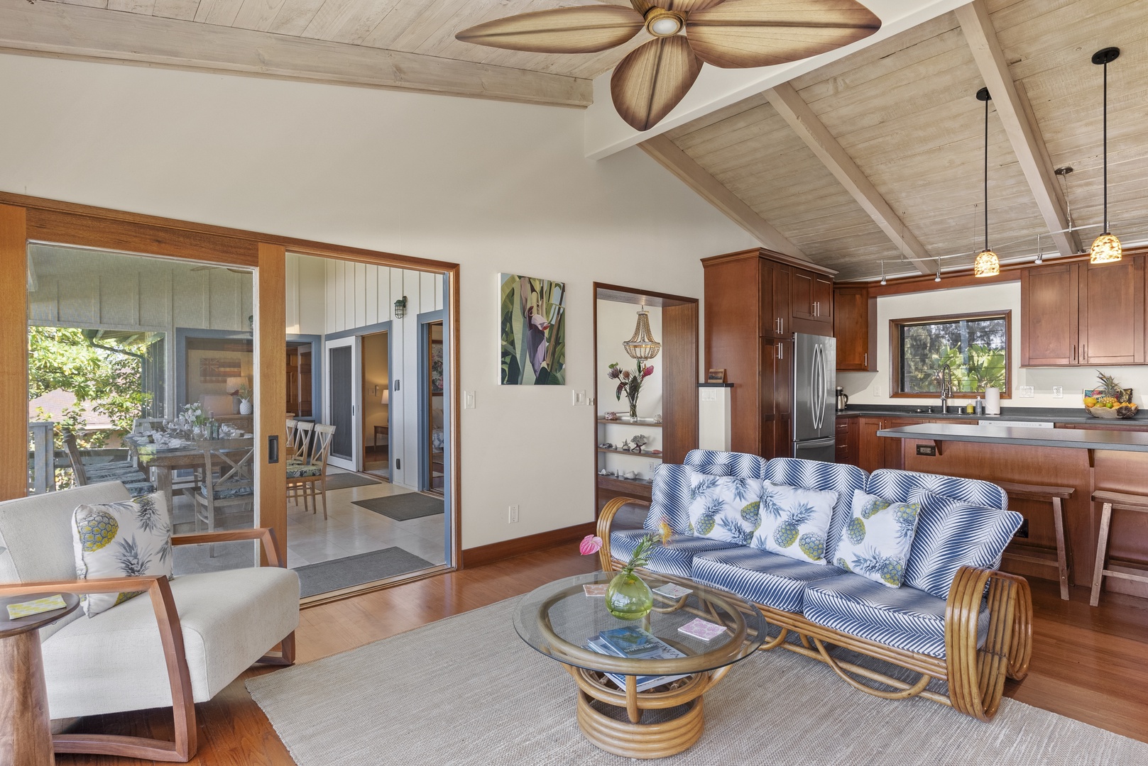 Haleiwa Vacation Rentals, Maluhia Beach House - A cozy lounge area with tropical décor, perfect for unwinding after a beach day.