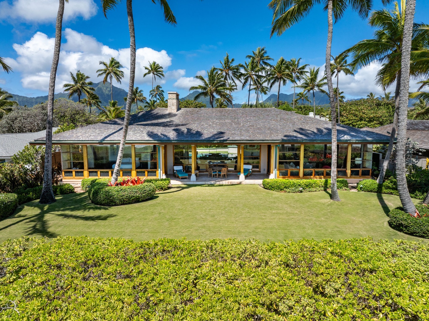 Kailua Vacation Rentals, Kailua Sands - Aerial view of home with lush green lawn.