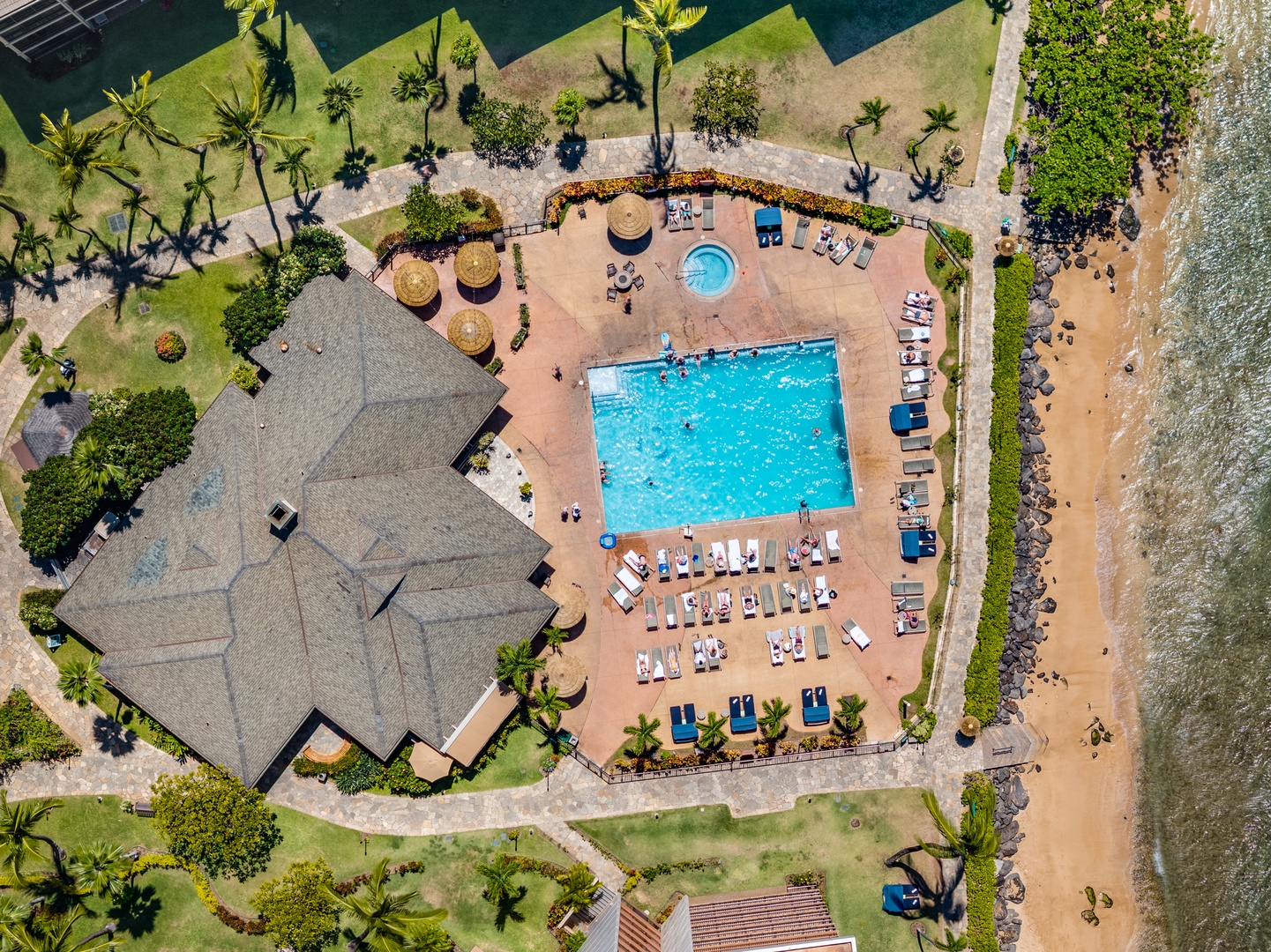 Lahaina Vacation Rentals, Kaanapali Shores 746 - Aerial view of the shorefront pool at Kaanapali Shores 746 with direct beach access.