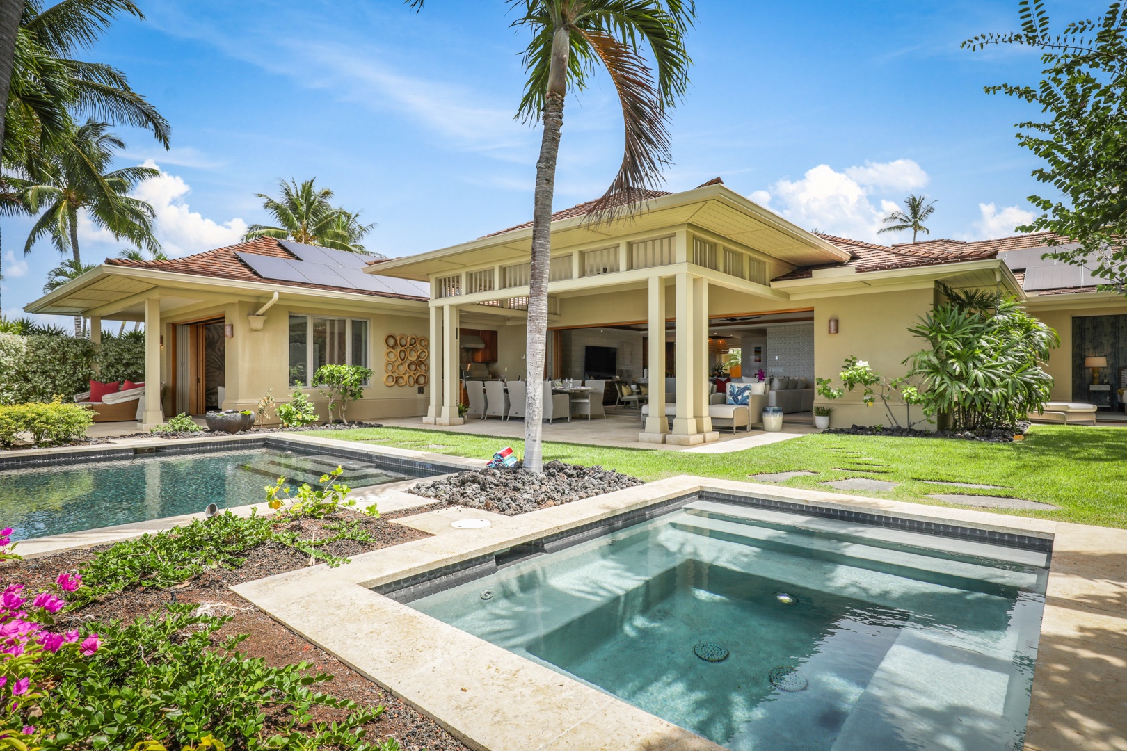 Kailua Kona Vacation Rentals, 4BD Hainoa Estate (122) at Four Seasons Resort at Hualalai - View of three separate lanai areas with outdoor seating.