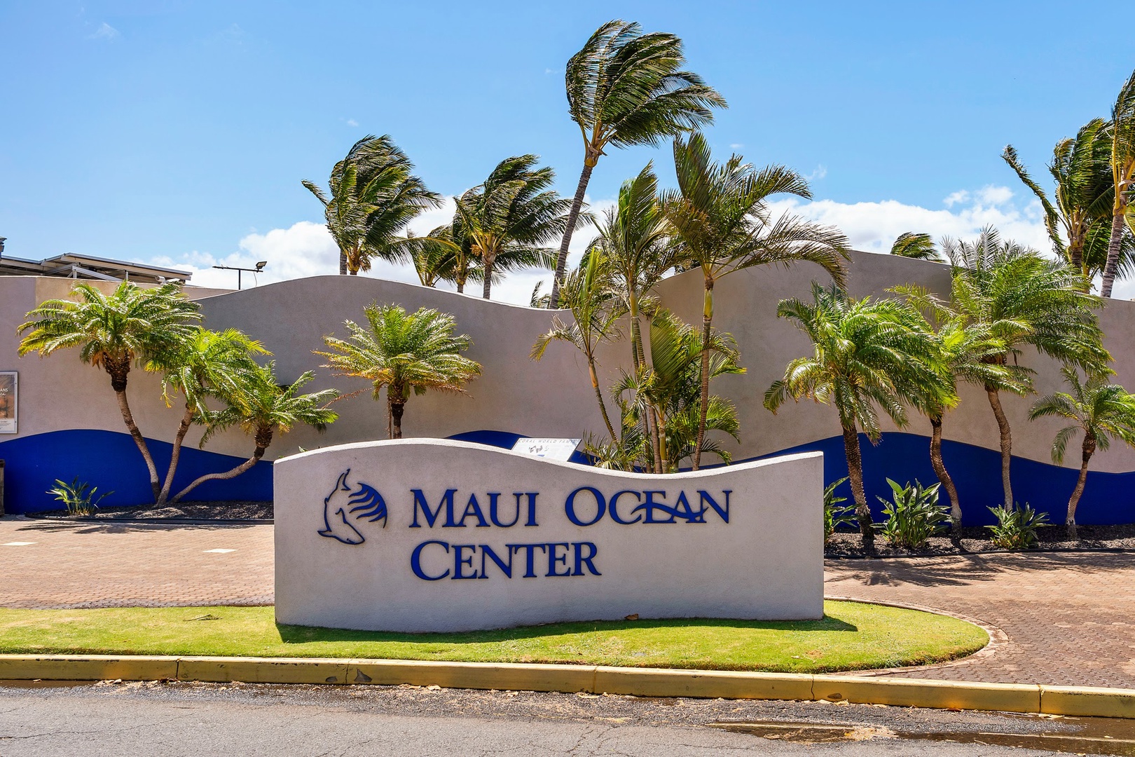Wailuku Vacation Rentals, Milowai 310 - The Maui Ocean Center's wave-shaped wall greets visitors up the road, palms bending in the wind.