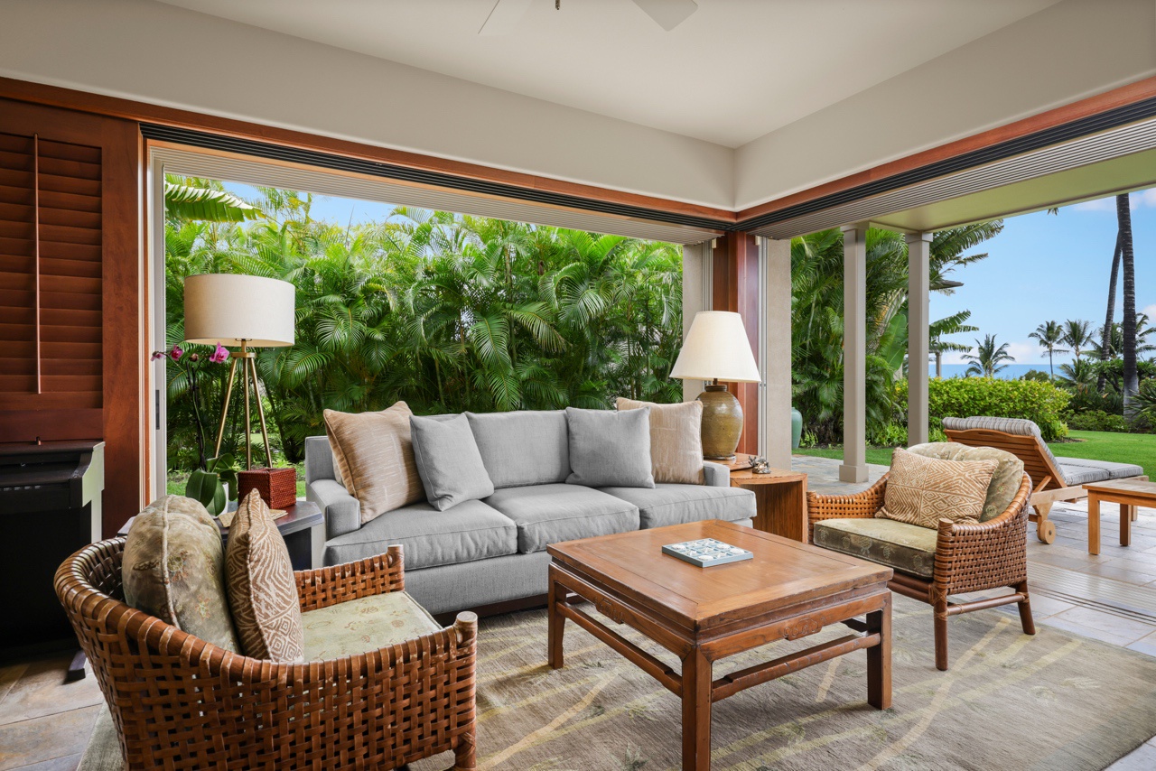Kailua Kona Vacation Rentals, 3BD Ke Alaula Villa (210A) at Four Seasons Resort at Hualalai - Spacious great room seating area toward lanai.