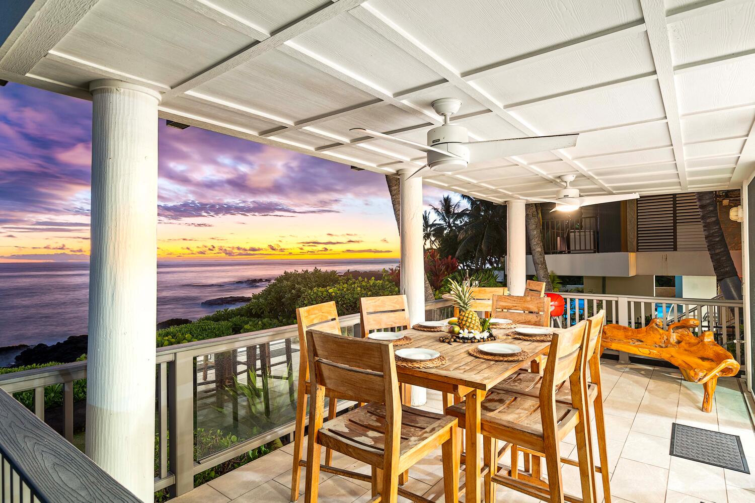 Kailua Kona Vacation Rentals, Hale Kai O'Kona #7 - Covered lanai with dining set, perfect for sunset meals by the sea.