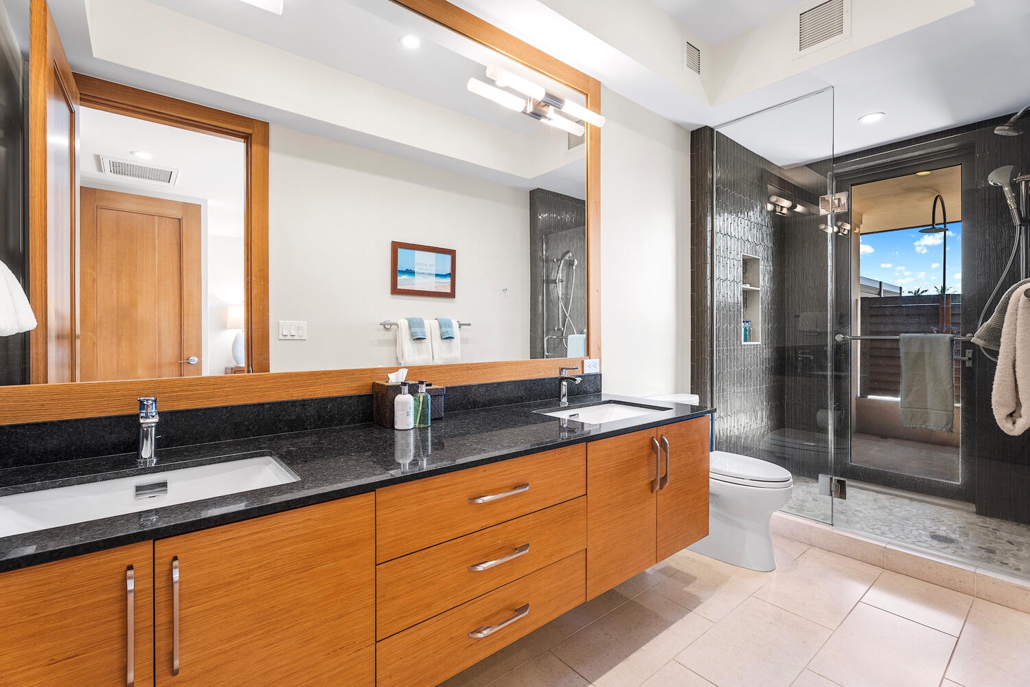 Kamuela Vacation Rentals, Laule'a Ohana Retreat - Ensuite bath with dual sinks and walk-in glass shower at Laule'a #14.
