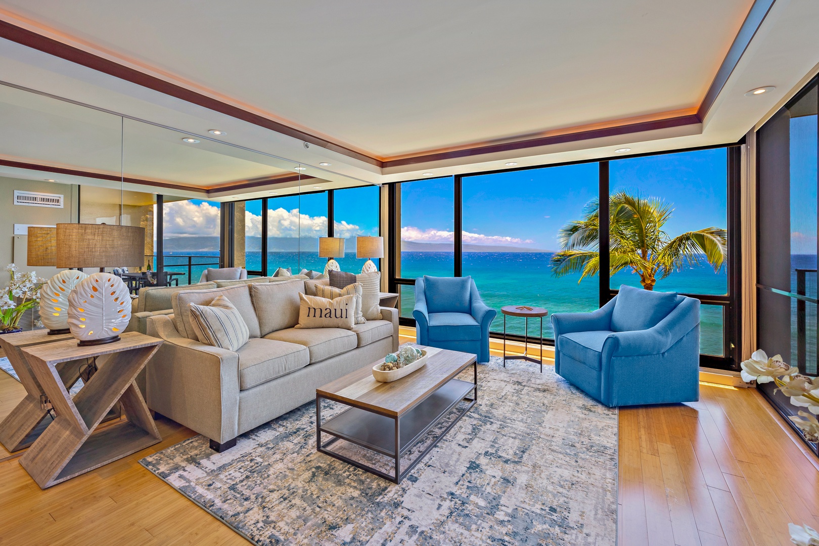 Lahaina Vacation Rentals, Mahana 608 - Enjoy panoramic ocean views from this cozy and inviting living space.