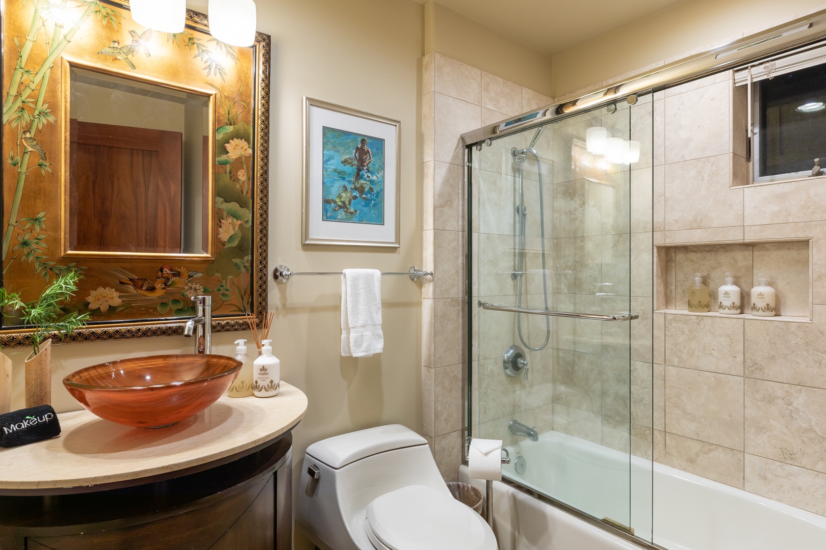 Kailua Kona Vacation Rentals, 2BD Hillside Villa (4102) at Hualalai Resort - Guest bathroom with glass-enclosed shower and elegant vessel sink.