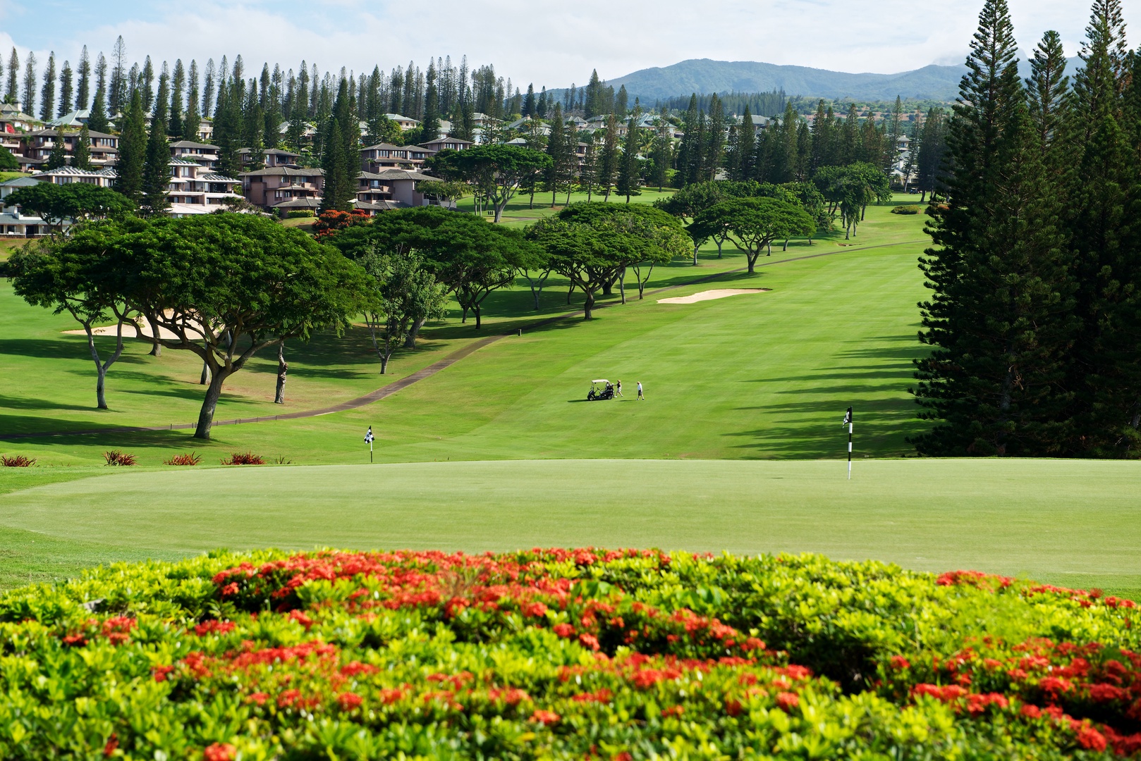 Lahaina Vacation Rentals, Kapalua Ridge 2321 - This stunning view of the lush green fairways, lined with vibrant flowers and trees, makes for a perfect golfing experience