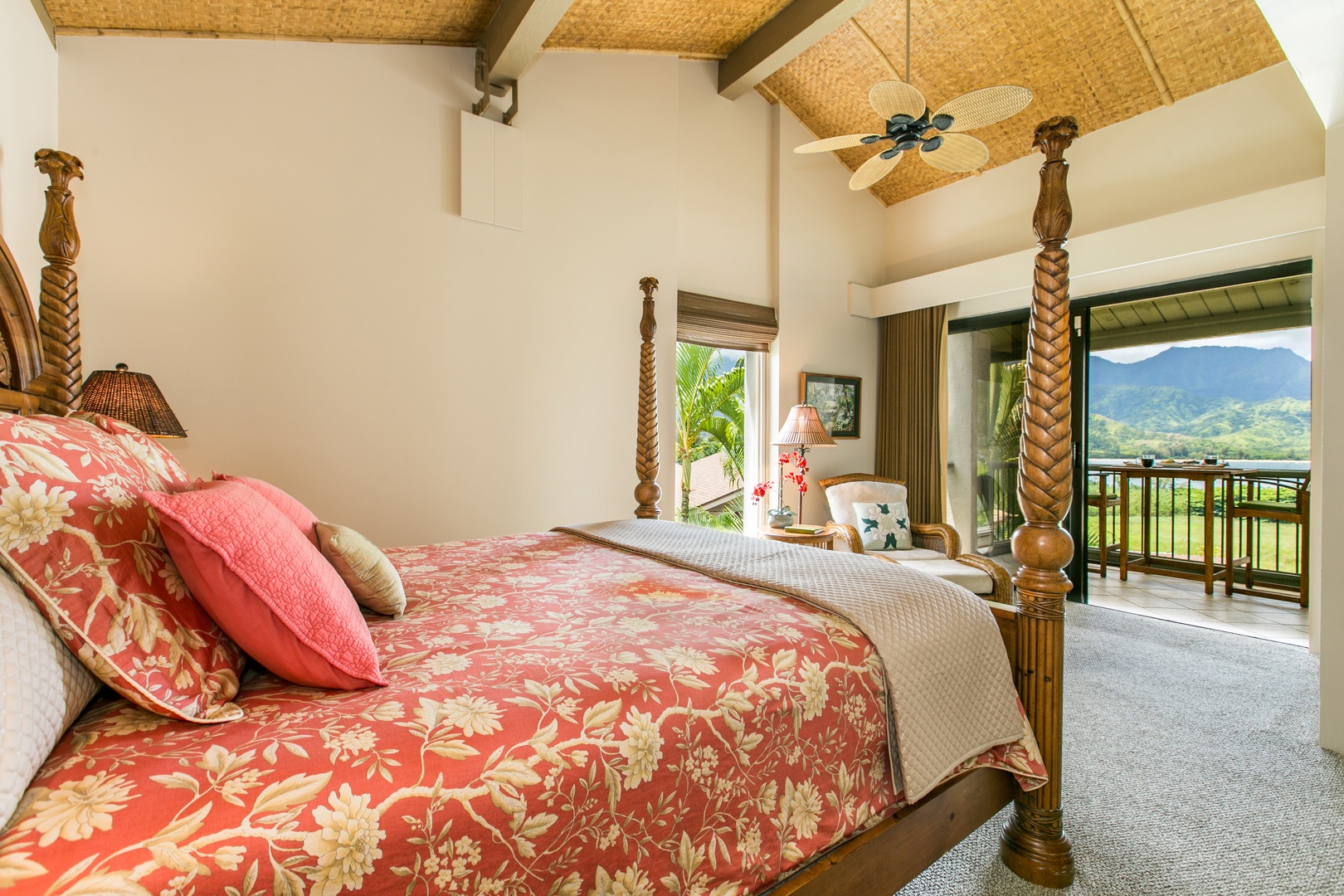 Princeville Vacation Rentals, Hanalei Bay Resort 4301 - The primary suite features a king-sized four poster bed, ensuite bathroom and split AC.