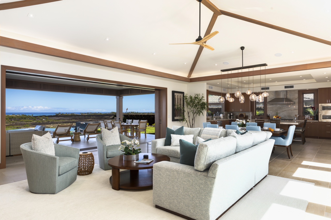 Kailua Kona Vacation Rentals, 4BR Luxury Puka Pa Estate (1201) at Hualalai Resort - Soaring ceilings in the great room that opens to the expansive lanai.