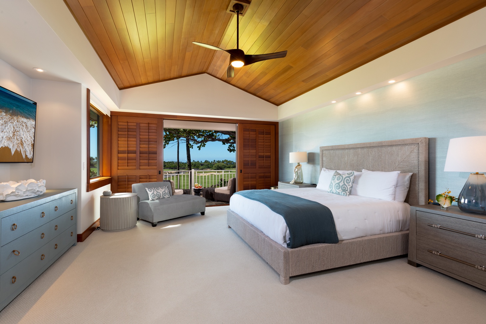 Kailua Kona Vacation Rentals, 3BD Waiulu Villa 111D at Hualalai Resort - Inviting bedroom featuring a king-size bed and a private seating area with stunning outdoor views.