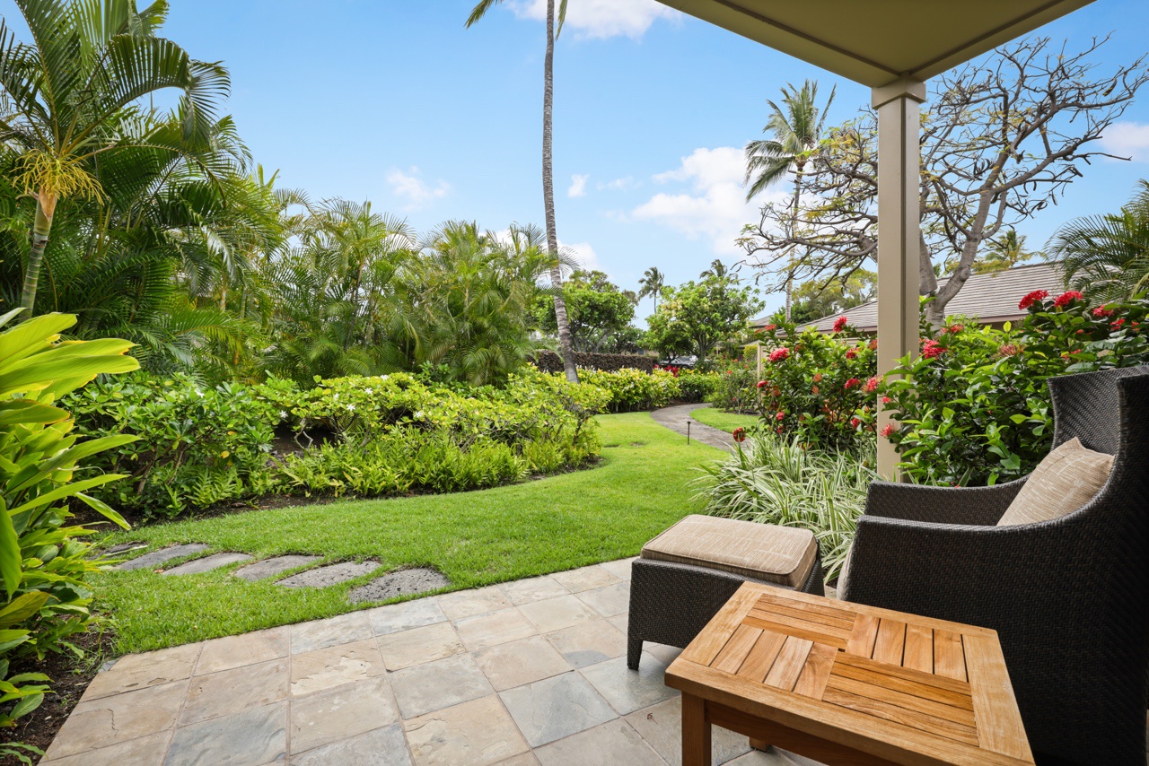 Kailua Kona Vacation Rentals, 3BD Ke Alaula Villa (210A) at Four Seasons Resort at Hualalai - Enjoy your morning coffee on the lower level guest room lanai with a view.