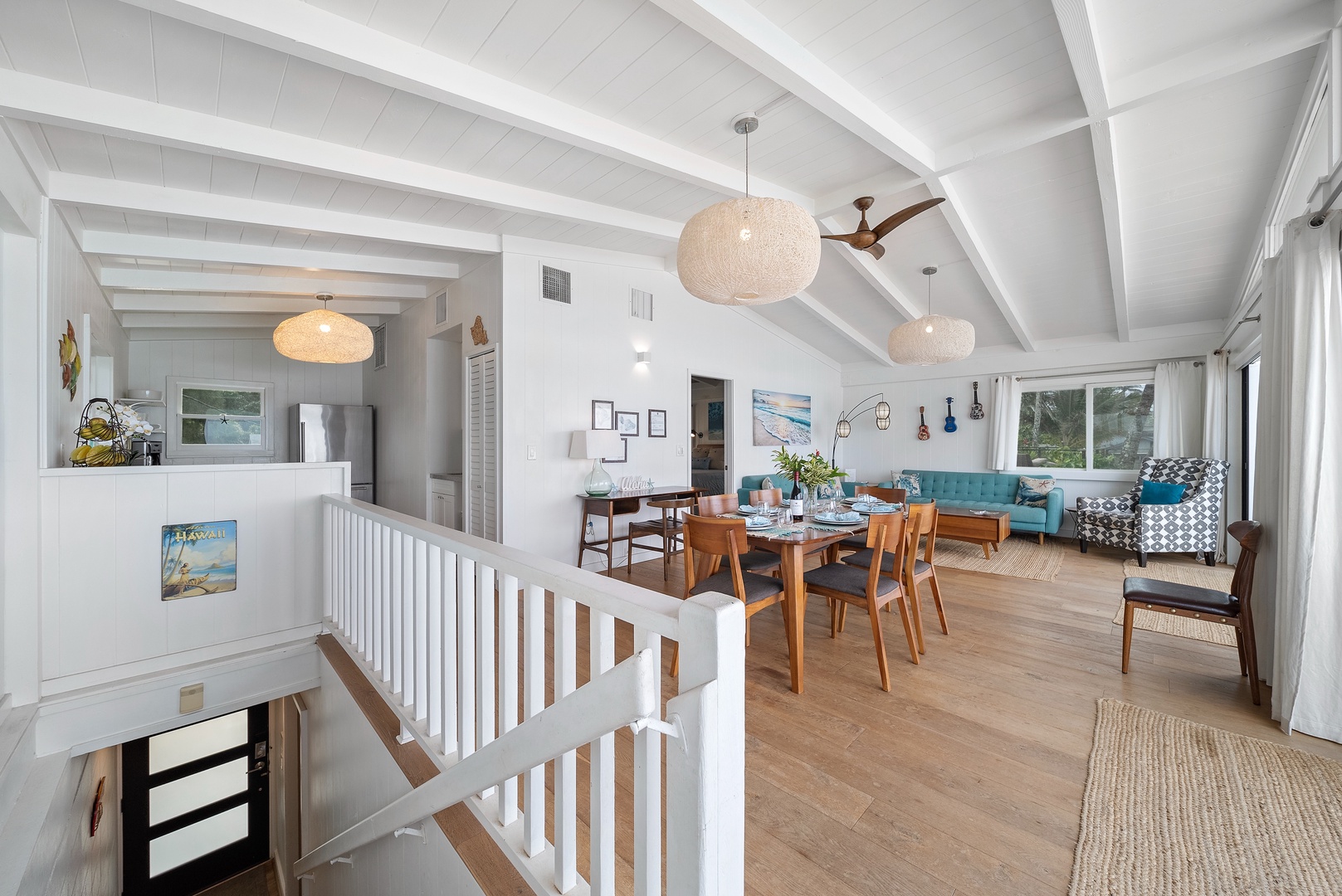 Haleiwa Vacation Rentals, Surfer's Paradise - The kitchen, dining area, living room, and primary bedroom are all on the upper level