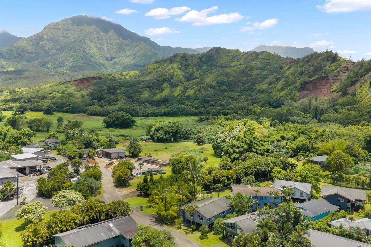 Hanalei Vacation Rentals, Hale Kanani (Kaua'i) TVNC 1342 - Hanalei's ridgeline wraps the valley in green, homes scattered along the flat below.