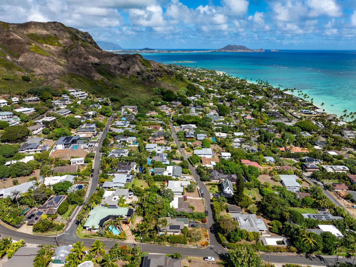 Kailua Vacation Rentals, Hale Alapi'i Lanikai Getaway - This scenic aerial view has a picturesque neighborhood, between a majestic mountain and the sparkling ocean.