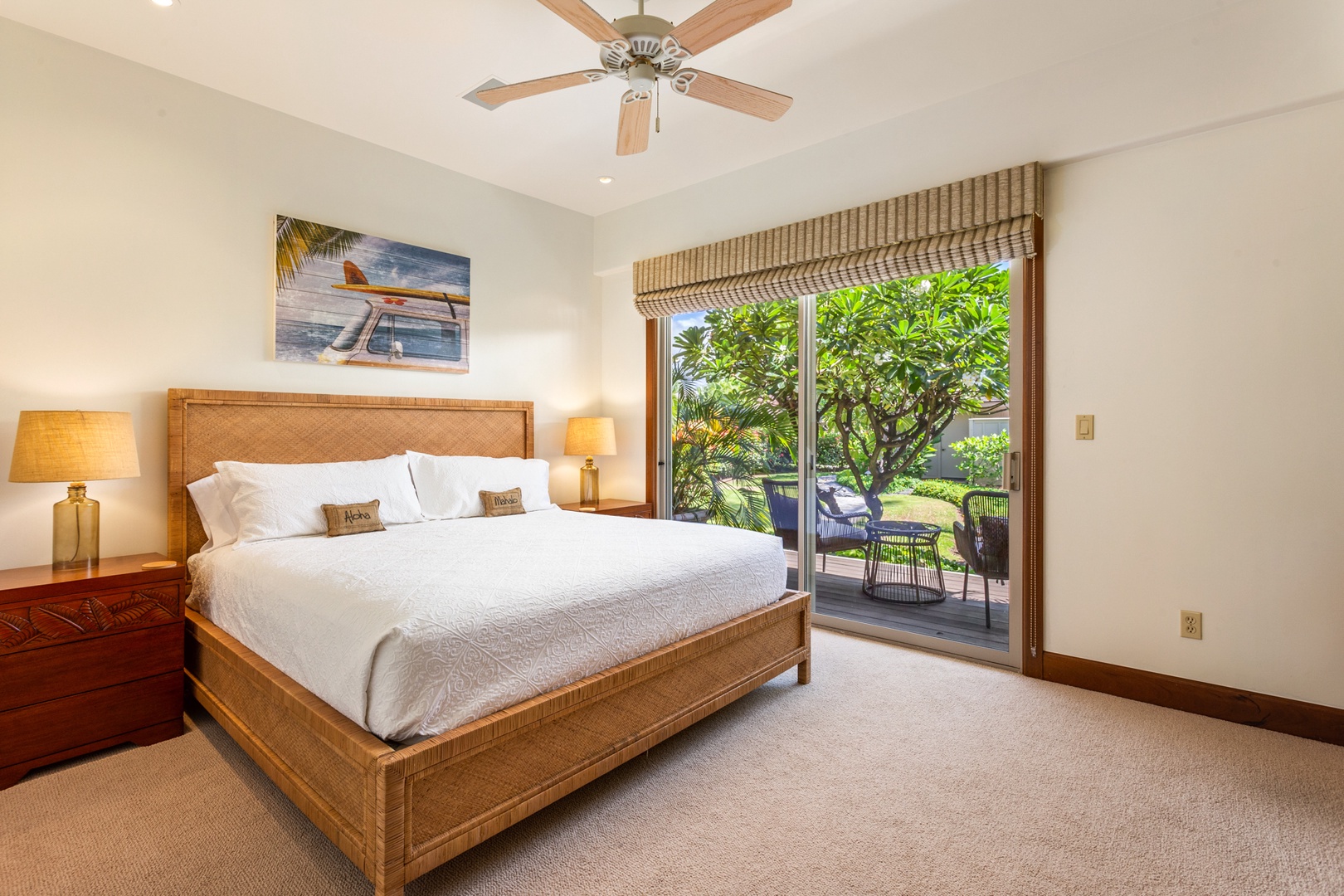 Kailua Kona Vacation Rentals, OFB 3BD Ka'Ulu Villa (129D) at Four Seasons Resort at Hualalai - Second bedroom (downstairs) with king sized bed, private patio and adjacent bath.