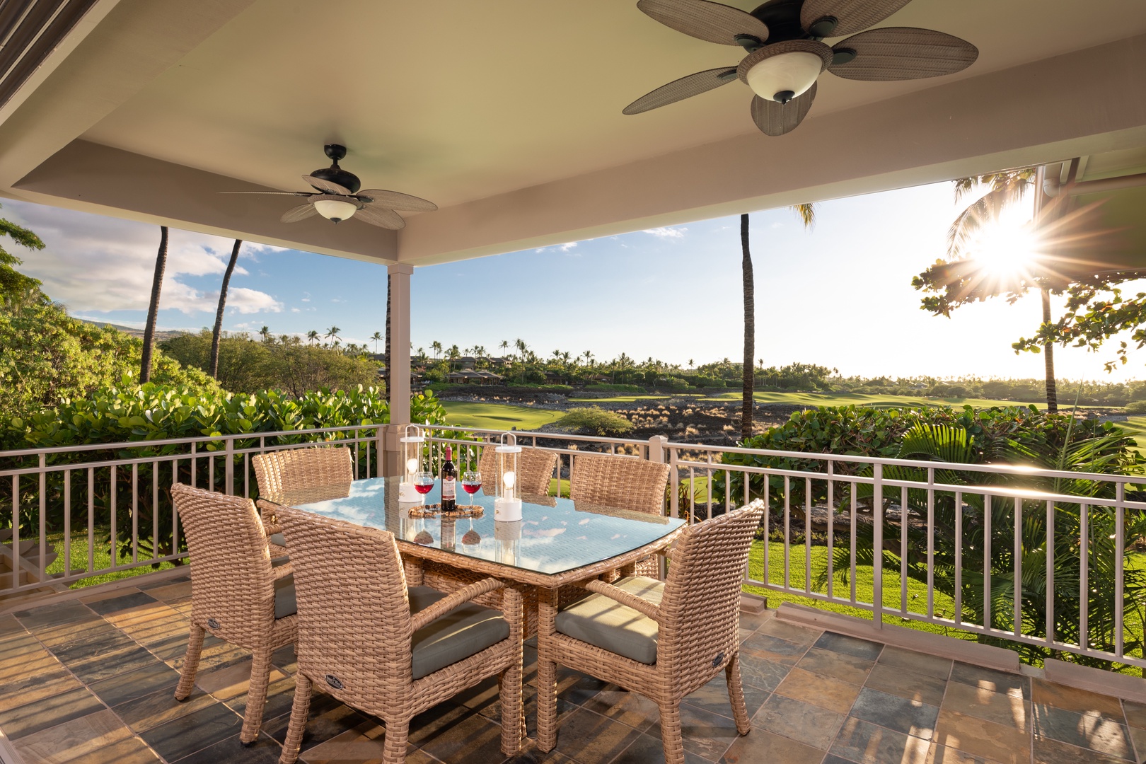 Kailua Kona Vacation Rentals, 3BD Waiulu Villa 111D at Hualalai Resort - Outdoor dining area with seating for 6, ideal for al fresco meals under the tropical sky.