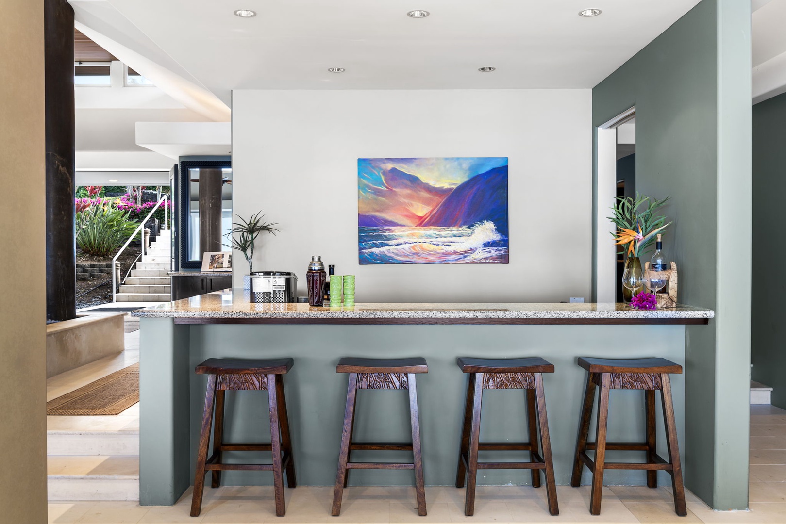 Kailua Kona Vacation Rentals, Hale Nai'a - Gather around your stylish entertainment bar, where granite counters and artistic ocean views create the perfect cocktail spot.