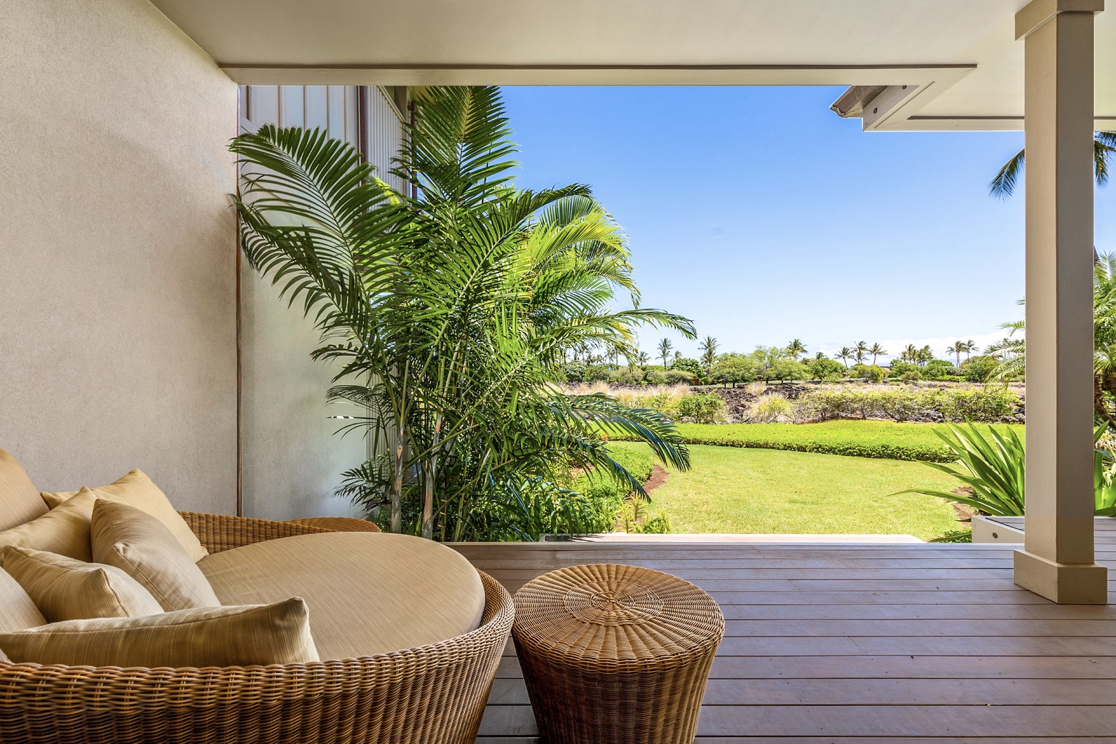 Kailua Kona Vacation Rentals, 3BD Ka'Ulu Villa (131C) at Four Seasons Resort at Hualalai - Primary deck with circular day bed lounger.