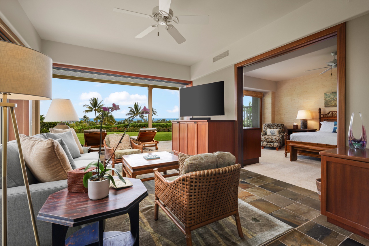 Kailua Kona Vacation Rentals, 3BD Ke Alaula Villa (210A) at Four Seasons Resort at Hualalai - View from retreat room toward primary bedroom suite (door slides closed for privacy).