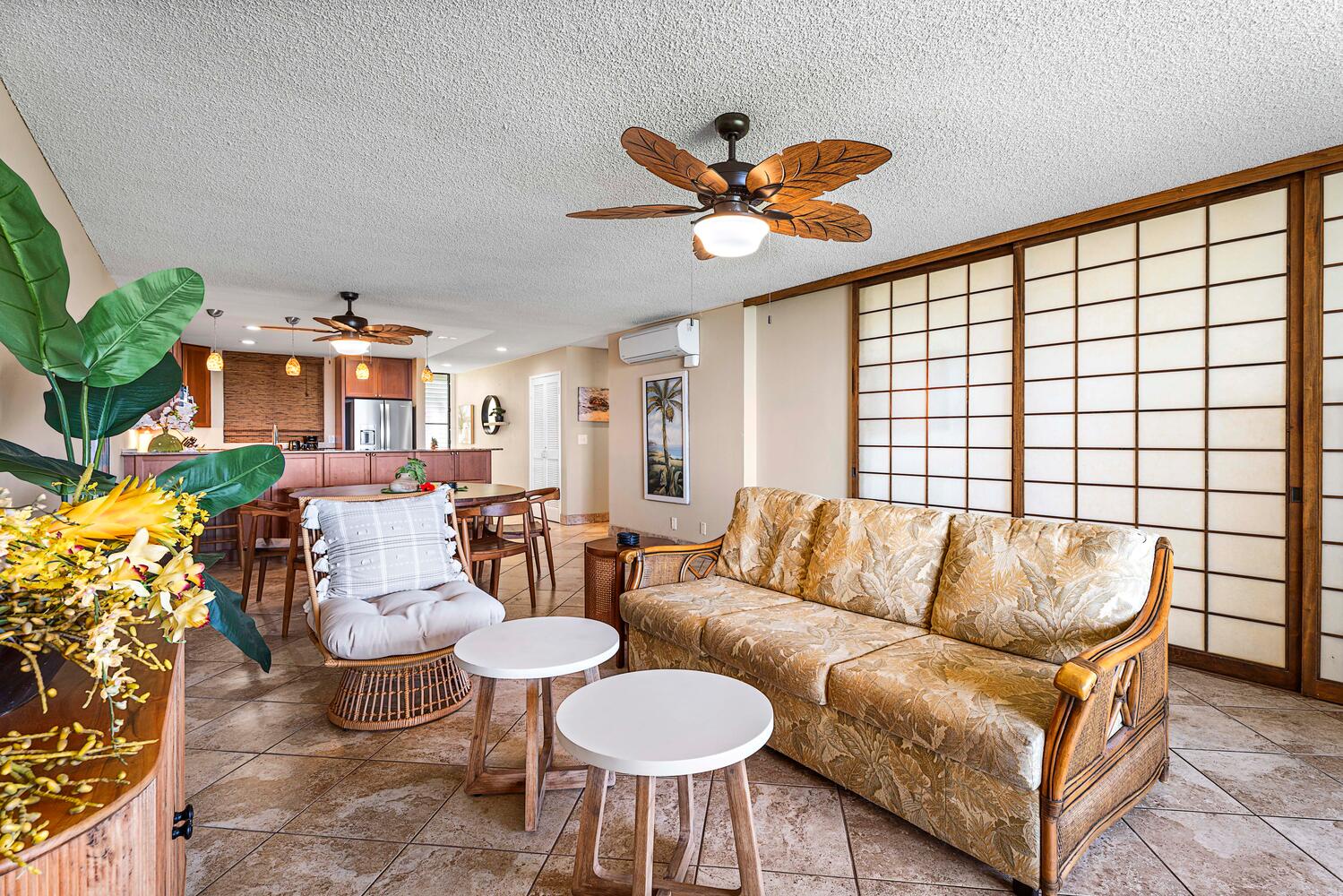 Kailua Kona Vacation Rentals, Keauhou Kona Surf & Racquet 1104 - Retreat in the living area with plush couches and occasional seats