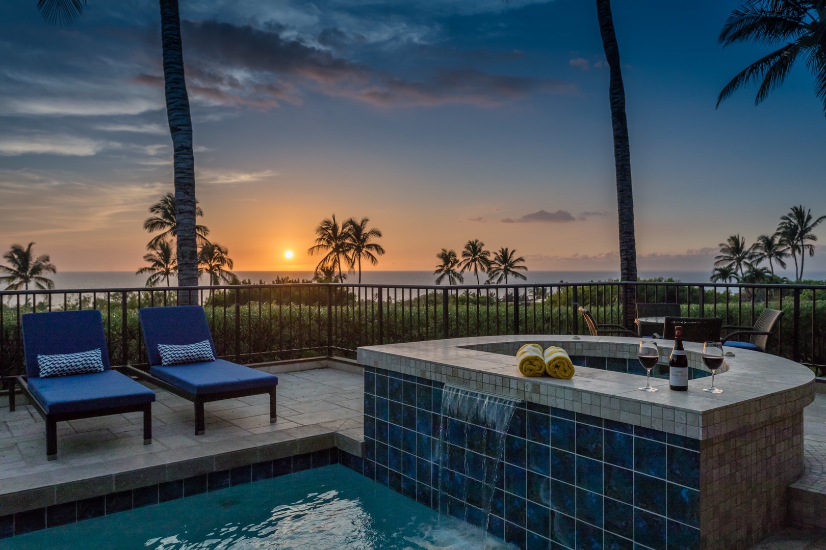 Kamuela Vacation Rentals, OFB 3BD Villas (39) at Mauna Kea Resort - Sunset and ocean views from waterfall jacuzzi.