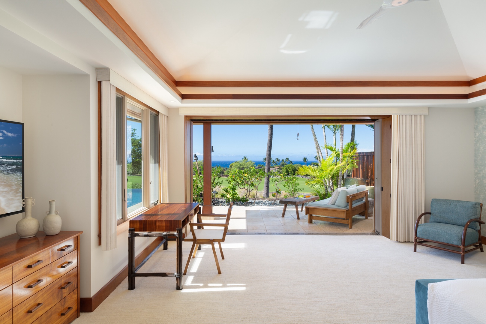 Kailua Kona Vacation Rentals, 4BD Hainoa Estate (102) at Four Seasons Resort at Hualalai - View towards the furnished lanai from the Primary bedroom