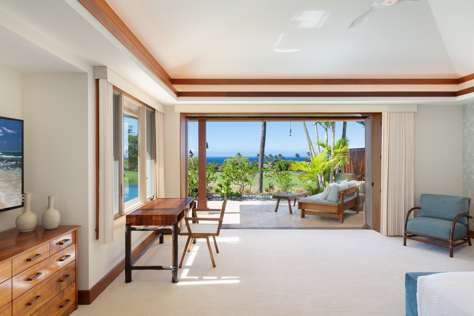 Kailua Kona Vacation Rentals, 4BD Hainoa Estate (102) at Hualalai Resort - View towards the furnished lanai from the Primary bedroom