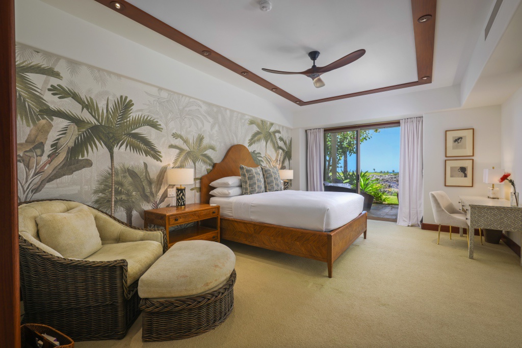 Kailua Kona Vacation Rentals, 3BD Ke Alaula Villa (217C) at Hualalai Resort - Primary bedroom with lofted ceilings, fans and sliders provide views and tropical breezes.