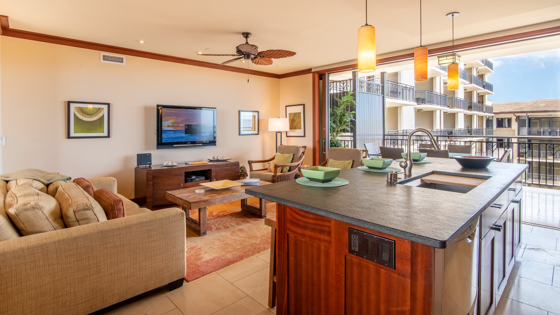 Kapolei Vacation Rentals, Ko Olina Beach Villas O1111 - The large, comfortable living area and bar seating at Ko Olina in Hawaii.