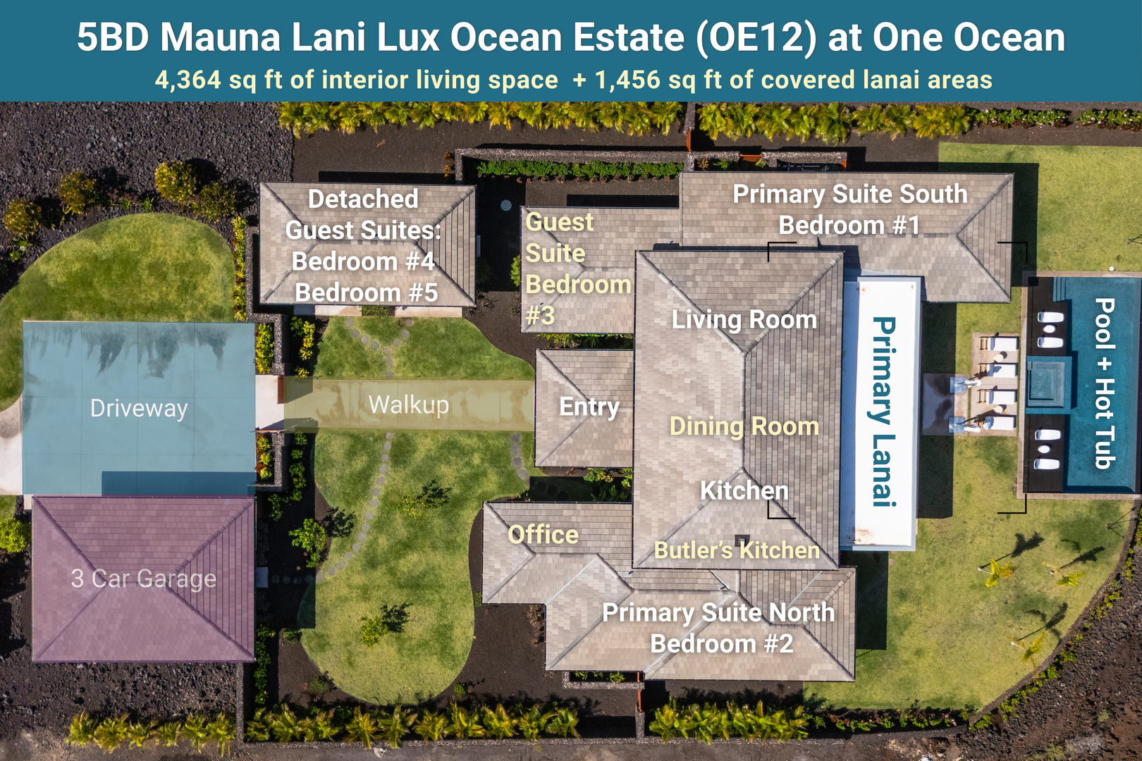 Kamuela Vacation Rentals, 5BD Mauna Lani Lux Ocean Estate (OE12) at One Ocean - A clear aerial view illustrating room placement and flow throughout the estate.