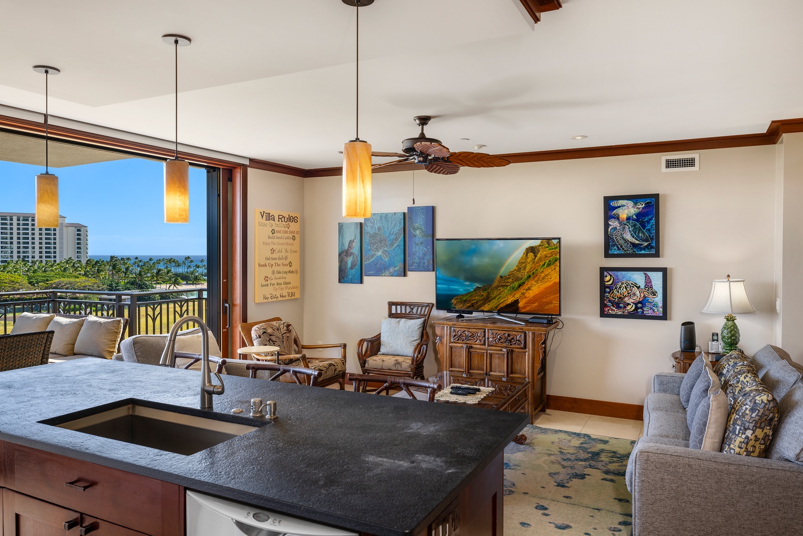Kapolei Vacation Rentals, Ko Olina Beach Villas O724 - Beautifully furnished living room that overlooks the kitchen.