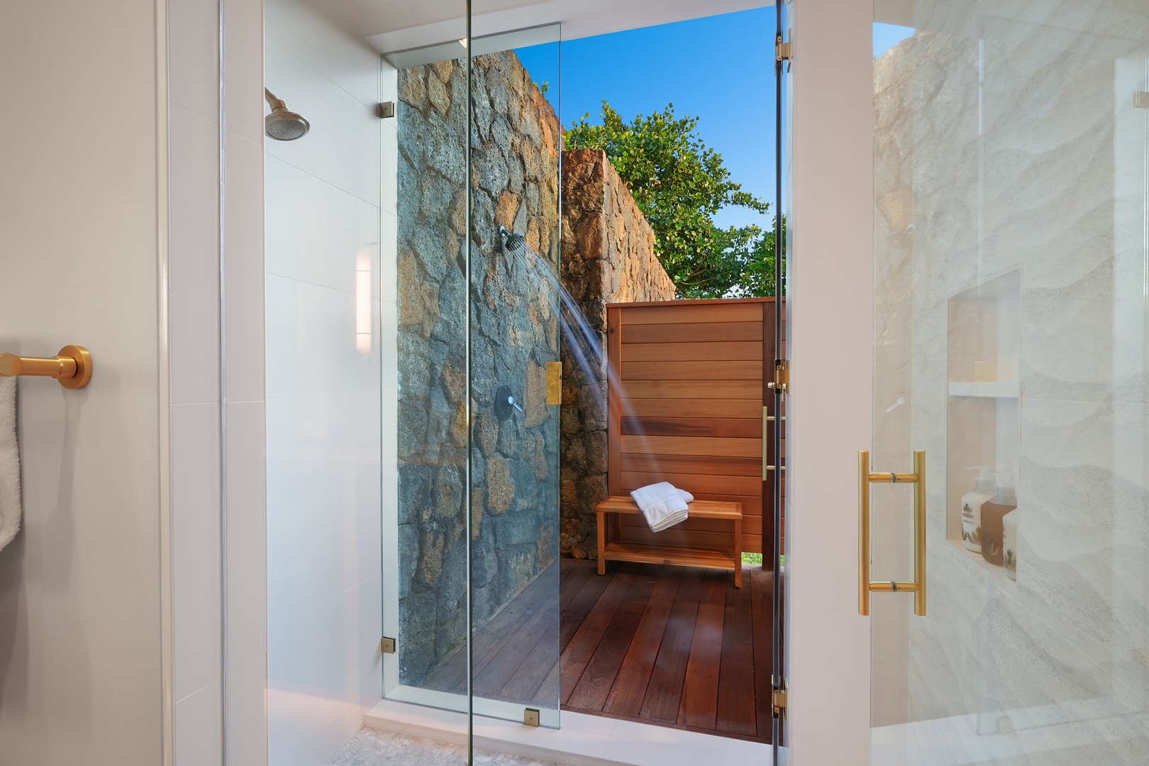 Koloa Vacation Rentals, Hale Kai'Opua - Elegant guest bathroom with double vanity and natural light.