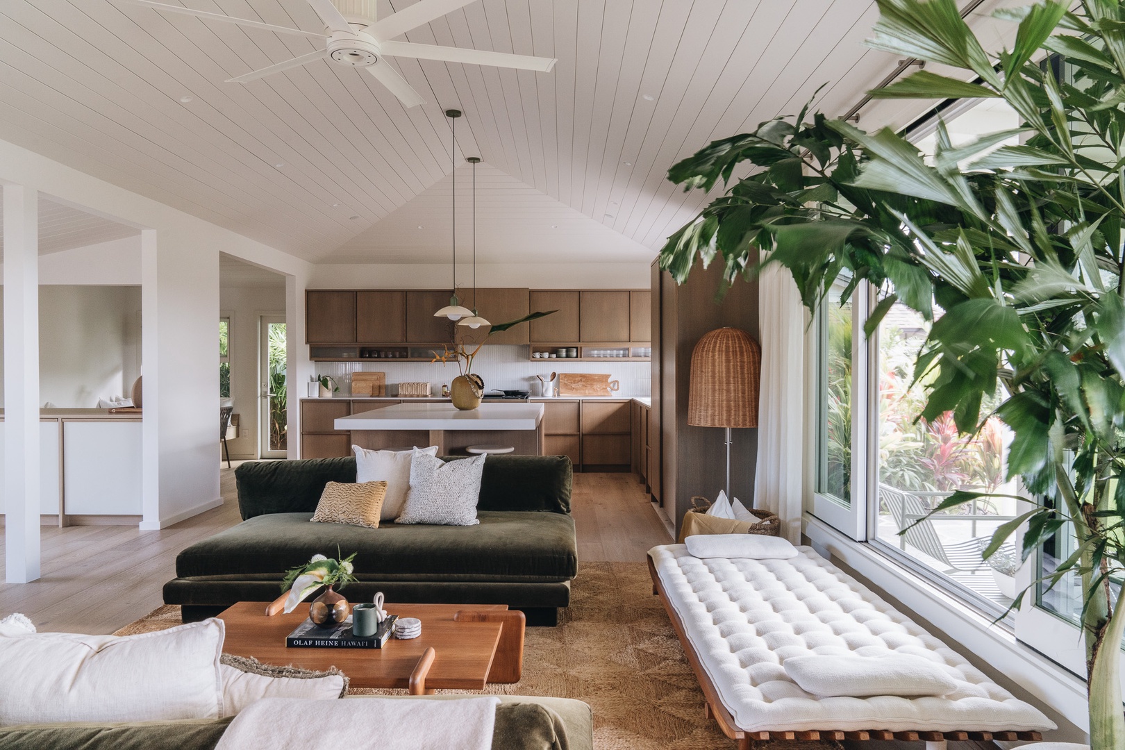 Honolulu Vacation Rentals, Surfside Bungalow** - Relax in this inviting living space, where warm finishes and natural light create a calm, welcoming atmosphere.
